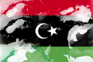 A stylized depiction of a national flag is presented using a watercolor technique, blending vibrant colors and symbolic shapes into an abstract representation.
