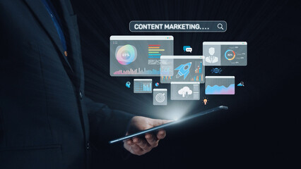 Content marketing interface with data dashboards, analytics charts, and content tools. Marketing...