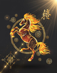 Fiery golden horse with lucky symbols oriental illustration