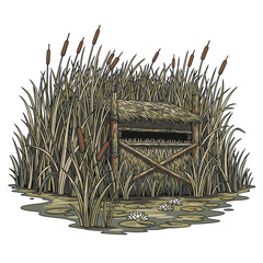 Illustration of a rustic duck blind hidden among tall cattails and water lilies in a swamp
