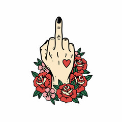 A defiant middle finger gesture surrounded by blooming red roses in tattoo art style.