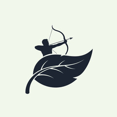 Minimalist silhouette logo featuring an archer standing on a large leaf, aiming with a bow and arrow
