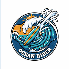 An illustration of a surfboard riding a big wave with the text ocean rider
