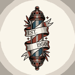 A classic barber pole illustration featuring a ribbon with "est. 1950" text, embodying vintage barbershop culture.