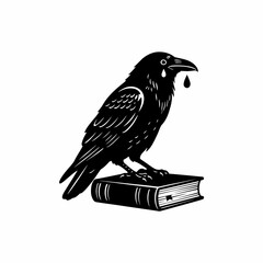 A stylized illustration of a somber raven perched on a closed book, shedding a single tear
