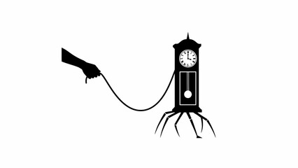 A silhouette illustration of a person walking a grandfather clock with spider legs on a leash