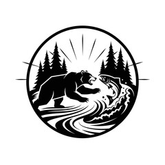 A black bear catching a jumping salmon in a river during a wilderness scene illustration