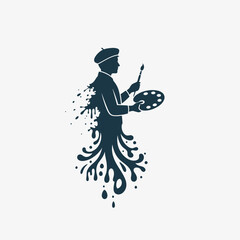 Silhouette of an artist holding a palette, dissolving into paint splashes