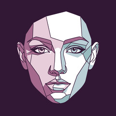 Abstract geometric portrait of a woman's face in a low poly style with modern color palette