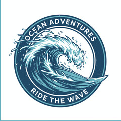 A circular logo depicting ocean adventures with a surfboard riding a massive wave