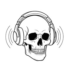 A detailed line art illustration of a grimacing skull wearing headphones and listening to music