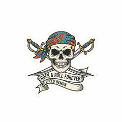 Rock and roll forever skull design with pirate bandana and crossed swords