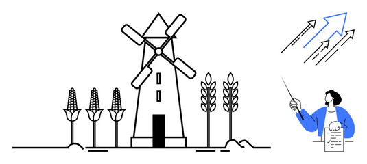 Windmill surrounded by corn and wheat, person with document pointing at upward arrows. Ideal for agriculture, renewable energy, sustainability, growth, education, innovation progress. Simple flat