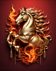 Golden horse with flaming mane oriental luxury illustration