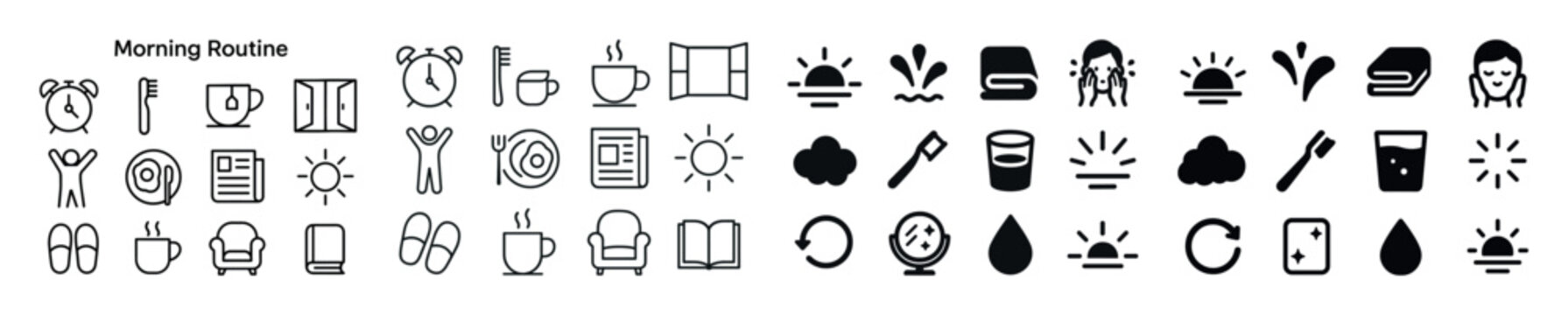 Icons depicting morning routine activities with alarm clock, cof