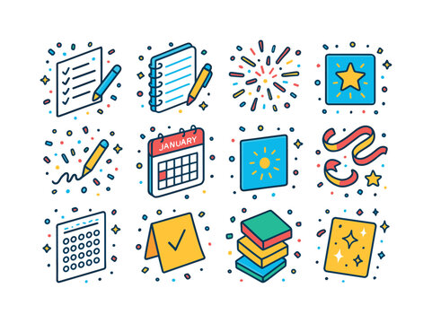 New Year's Icon Grid. New year's resolutions written on paper wi