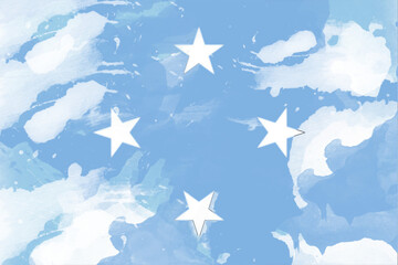 A gentle watercolor representation of the Micronesian flag depicts four radiant white stars against a soft, textured sky-blue backdrop, evoking a sense of tranquility and national