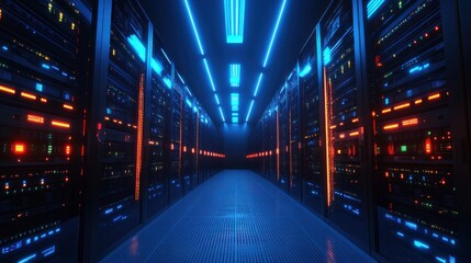 Data center corridor with vibrant lighting