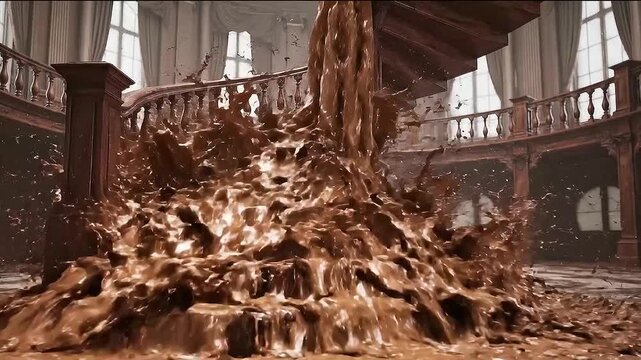 Liquid Chocolate Flowing Down Grand Wooden Staircase