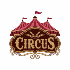 A classic circus logo design adorned with vibrant colors and iconic big top tents, representing entertainment, nostalgia, and the whimsical atmosphere of traditional circus performances. © Xiaoliang