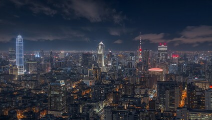 Fototapeta premium Futuristic Night Cityscape with Illuminated Tower and Modern Skyscrapers in Metropolis