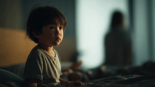 Young child sitting on bed in quiet room with soft morning light, child neglect