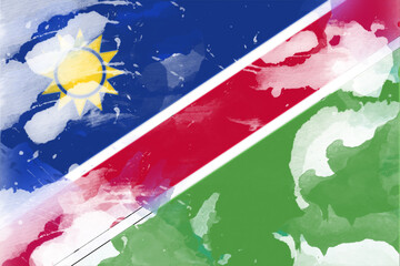 A stylized watercolor rendition showcases a flag with vibrant blue, red, green, and yellow hues, creating a patriotic feel through its abstract, artistic representation and unique