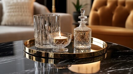 Decorative glass objects on round tray