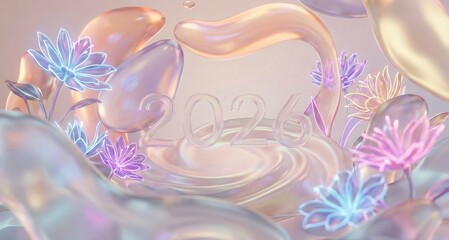 Abstract 3d rendering of glowing neon lotus flowers and iridescent organic shapes celebrating the year 2024 in soft pastel colors