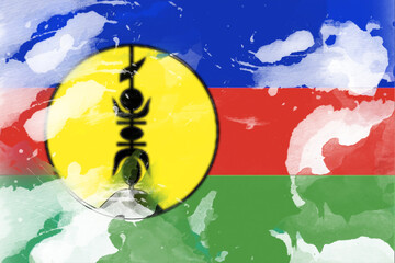 Vibrant watercolor illustration of the New Caledonia flag featuring the distinctive Kanak fl&egrave;che fa&icirc;ti&egrave;re, blending artistic style with national symbolism and evoking a sense of