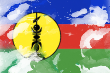 Vibrant watercolor illustration of the New Caledonia flag featuring the distinctive Kanak flèche faîtière, blending artistic style with national symbolism and evoking a sense of