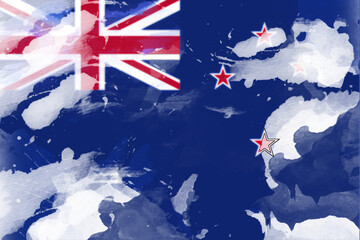 A stylized, watercolor-textured image showcases the New Zealand flag with a unique artistic rendition featuring a vibrant blue background and the iconic Southern Cross stars in a