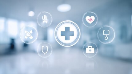 Healthcare Service Advertising Backdrop Featuring Minimalist Medical Symbols With a Soft Blurred Background and Clean Central Space for Text or Graphics