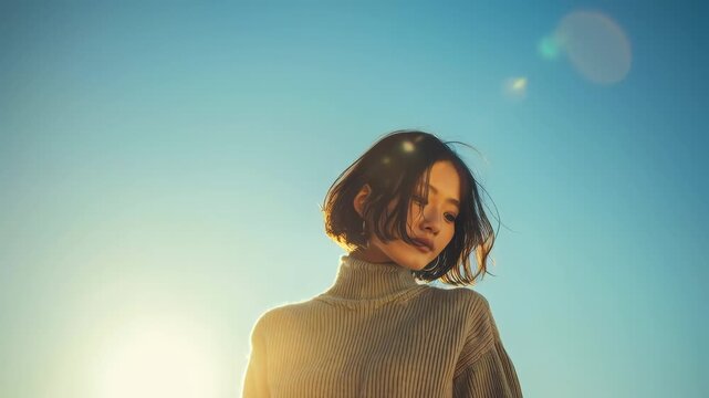 Young woman standing outdoors in warm sunlight against clear blue sky