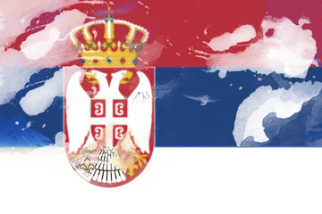 Artistic interpretation of the Serbian flag, rendered with watercolor-like textures, displaying the national colors and coat of arms in a fluid and emotive style, evoking a sense of