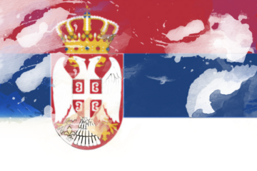 Artistic interpretation of the Serbian flag, rendered with watercolor-like textures, displaying the national colors and coat of arms in a fluid and emotive style, evoking a sense of