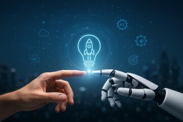 Human hand touches robotic hand with glowing light bulb rocket icon symbolizing innovation and AI collaboration on dark blurred futuristic background. Ai generative