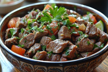 A hearty bowl of beef stew garnished with fresh parsley and tomato, served in a decorative ceramic bowl.