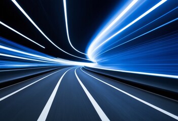Futuristic Tunnel with Blue Light Streaks and High-Speed Movement