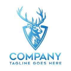 Blue Deer Head Shield Logo Vector – Modern Stag Emblem, Wildlife Hunting Crest, Luxury Brand Identity Design