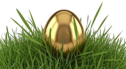 Fototapeta premium Golden Egg Nestled in Dewy Green Grass Easter egg dew drops