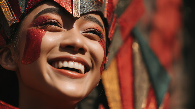 Close Up Portrait of Joyful Sinulog Festival Performer with Traditional Face Paint and Costume