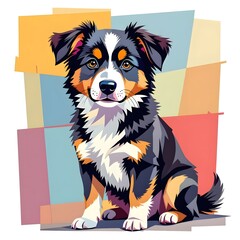 A bright vector illustration of a cute puppy with fluffy tricolor fur. The dog sits against a background of geometric colored shapes.