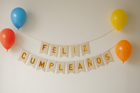 Vibrant balloons in blue, yellow, orange, and red surround a feliz cumplea&ntilde;os banner with wooden letters on a plain white wall background