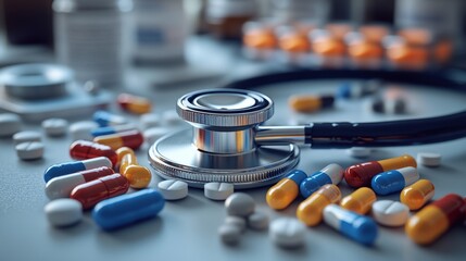 A close-up of a stethoscope surrounded by various colorful pills and capsules on a clinical surface.