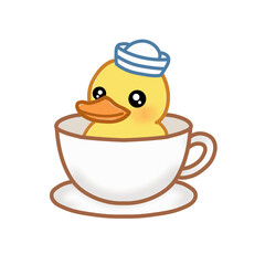 Cute Duck Sitting in Coffee Cup Cartoon