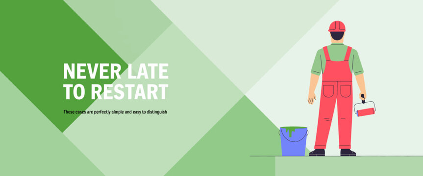 A determined man dressed in colorful overalls prepares to restart his work, conveying themes of resilience, motivation, and proactivity in everyday life and tasks.