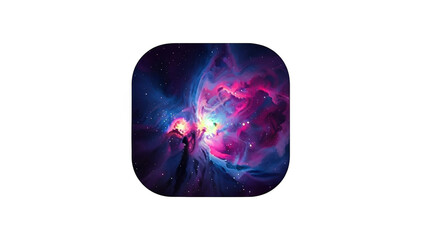Vibrant pink and blue nebula with stars in rounded square