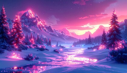 A fantasy winter landscape with glowing pine trees reflected on a calm river, surrounded by snowy mountains and a magical night sky.