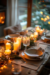 Cozy Christmas dinner table with glowing candles, festive lights and elegant tableware. Warm evening atmosphere, soft bokeh and intimate holiday home interior.
